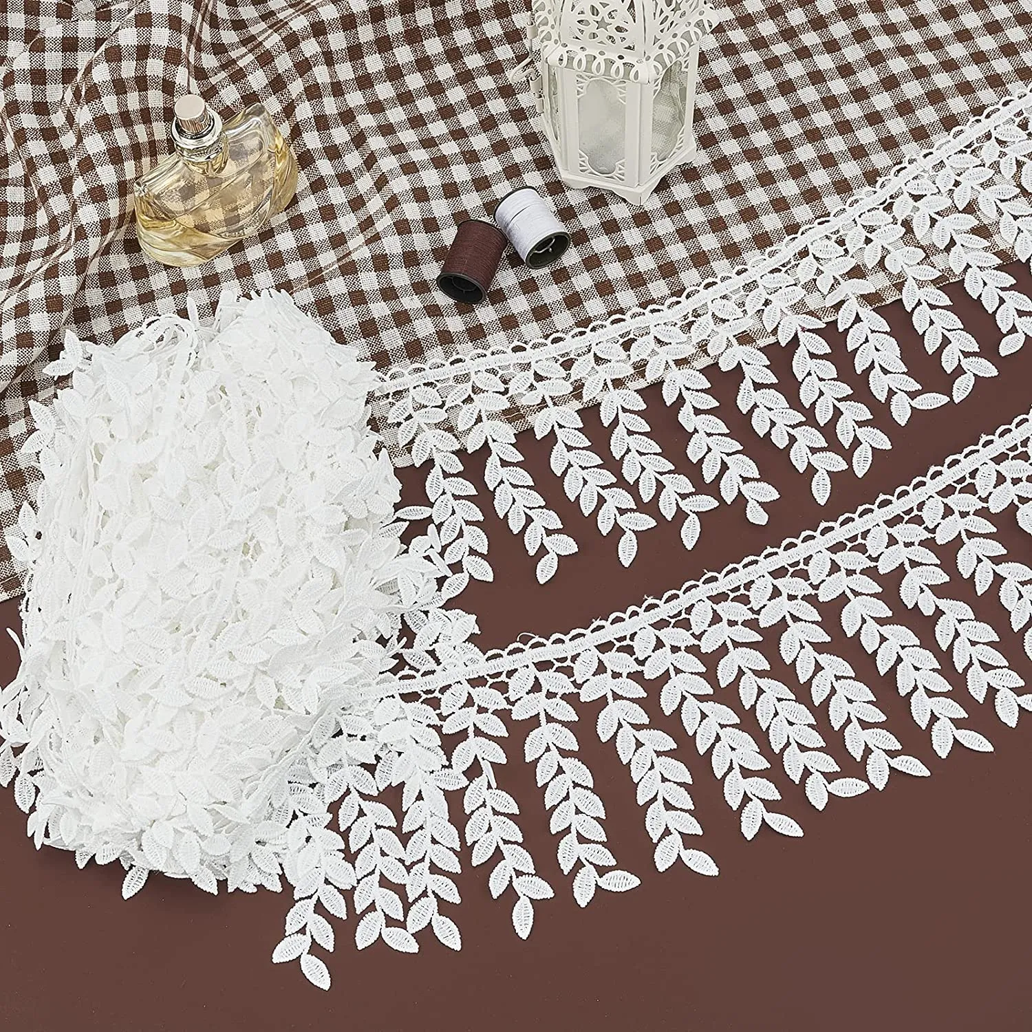 7.5 Yards Lace Trim with Leaf Tassel Ribbon White Sewing Fringe Trim Crafts Decorative Trim DIY Sewing Craft Lace Trim for Wedding Bridal Dress Party Clothes Decoration
