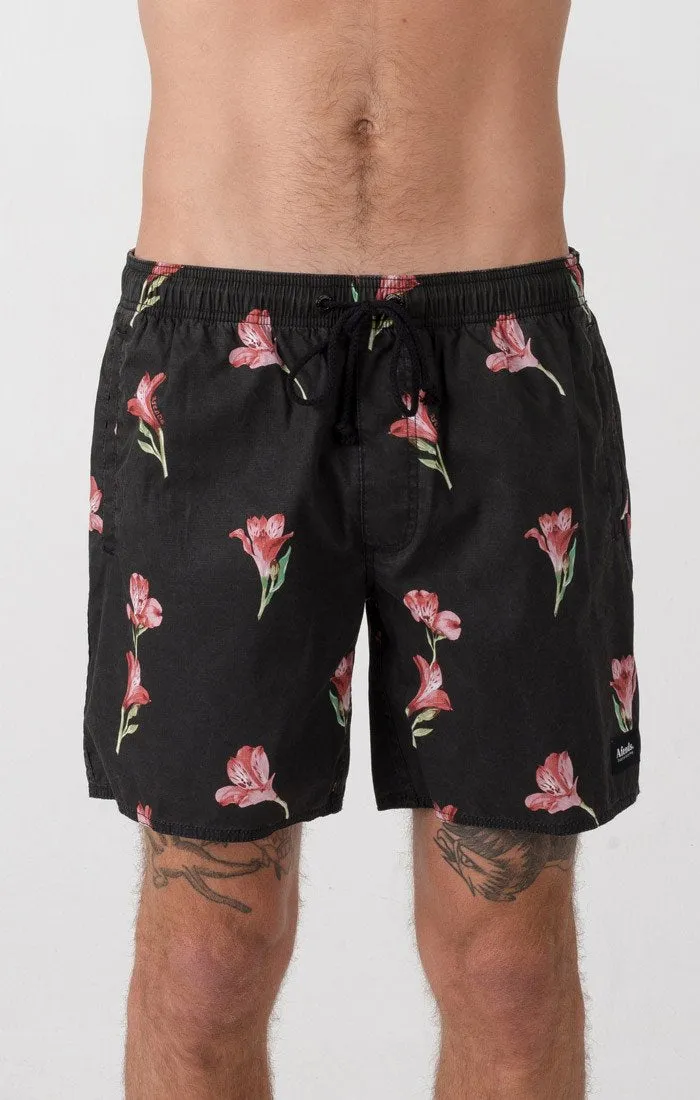 Afends Mens Baywatch - Black Alstro - Elastic Waist Swim Shorts
