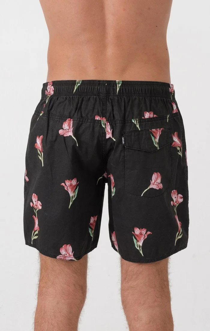 Afends Mens Baywatch - Black Alstro - Elastic Waist Swim Shorts