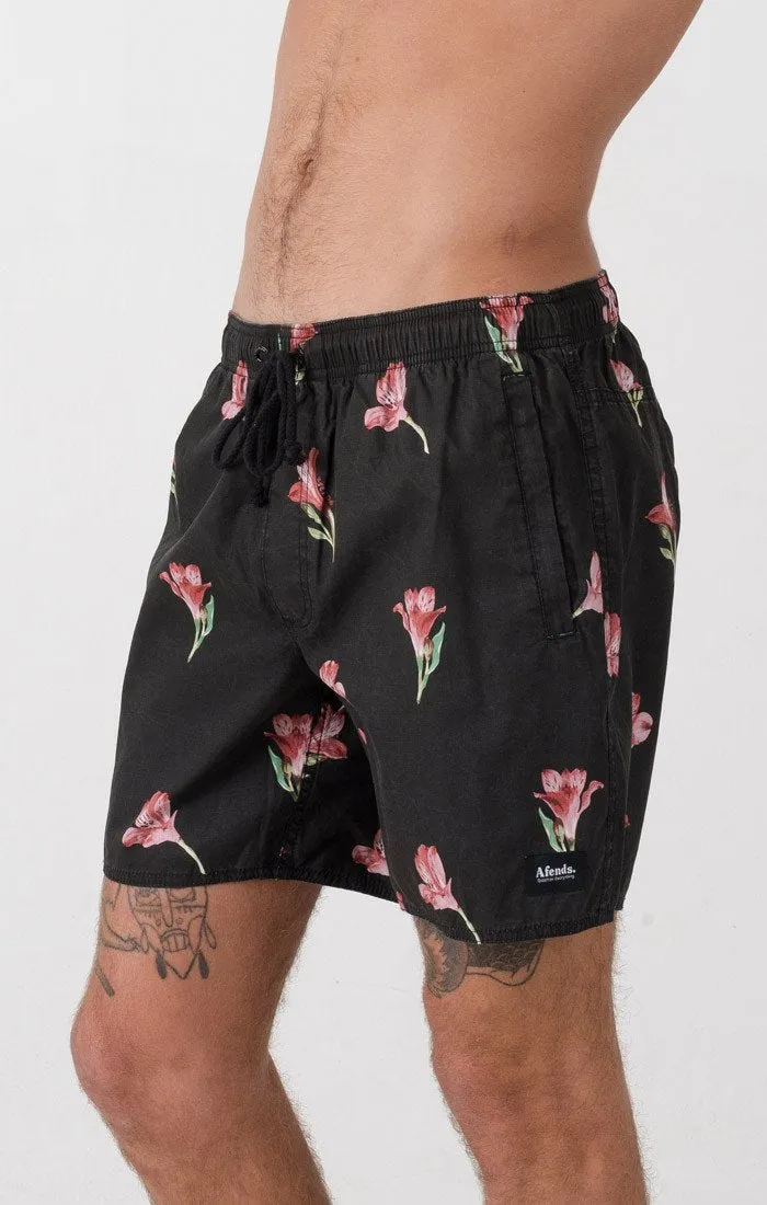 Afends Mens Baywatch - Black Alstro - Elastic Waist Swim Shorts