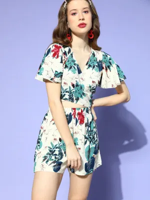 Berrylush Women White & Blue Floral Printed V-Neck Back Tie-Up Cotton Co-Ordinate Set
