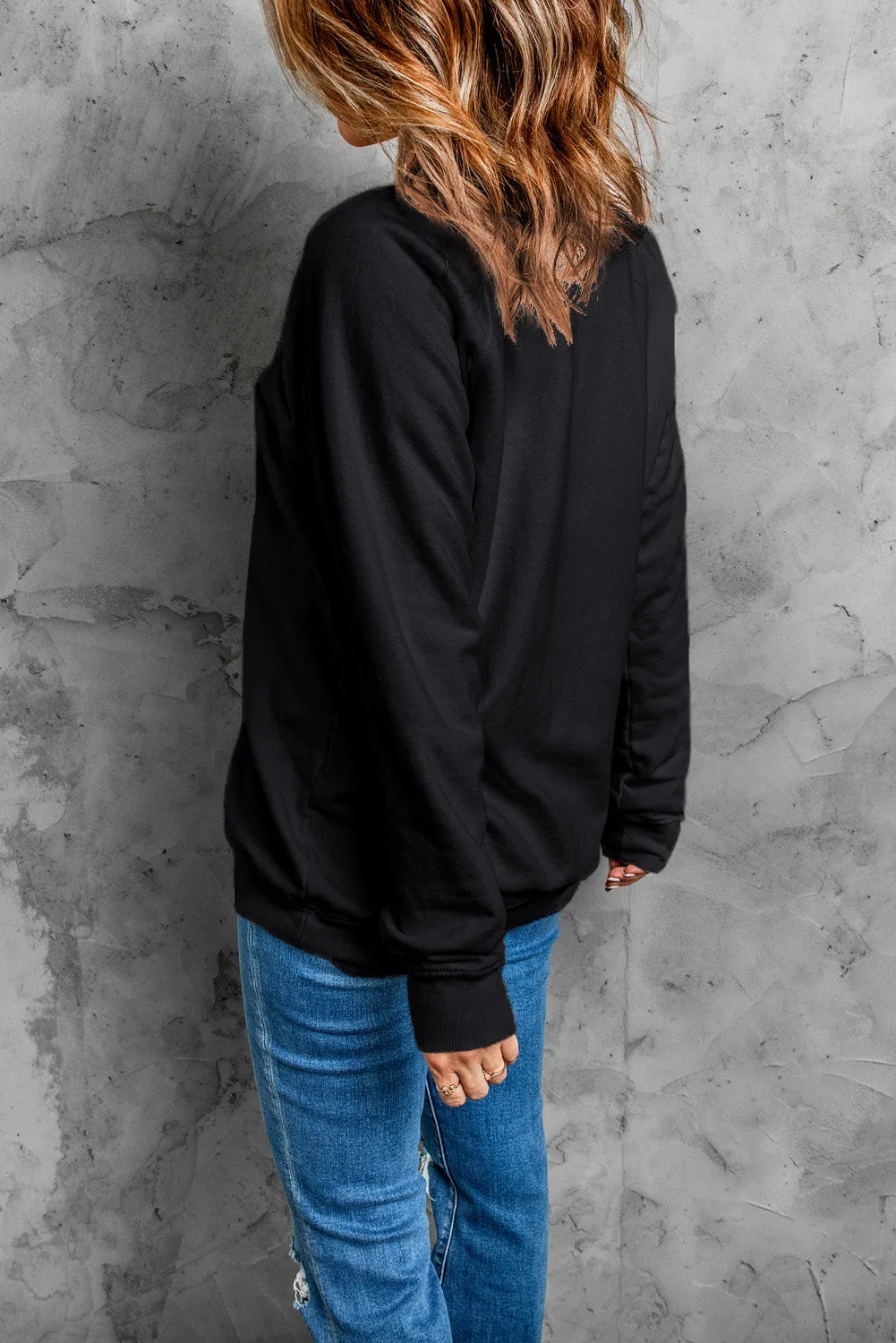 Black Happy Valentine'S Day Graphic Embroidered Sweatshirt