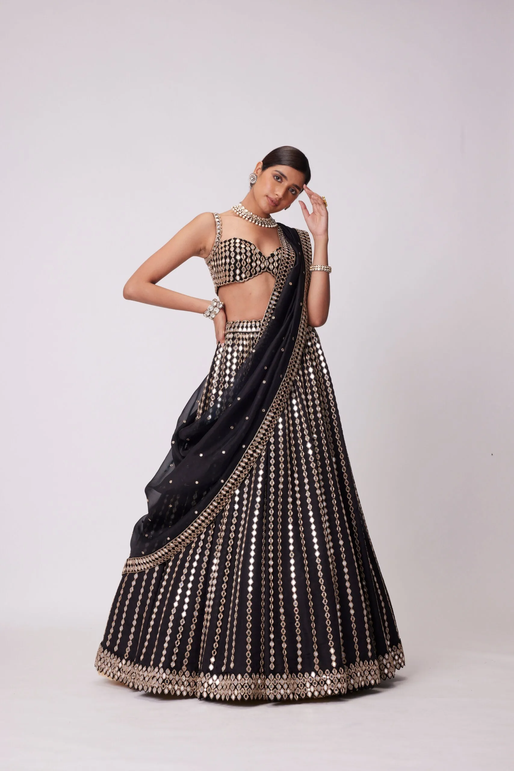 Black Linear Mirror Embroidered Lehenga Set