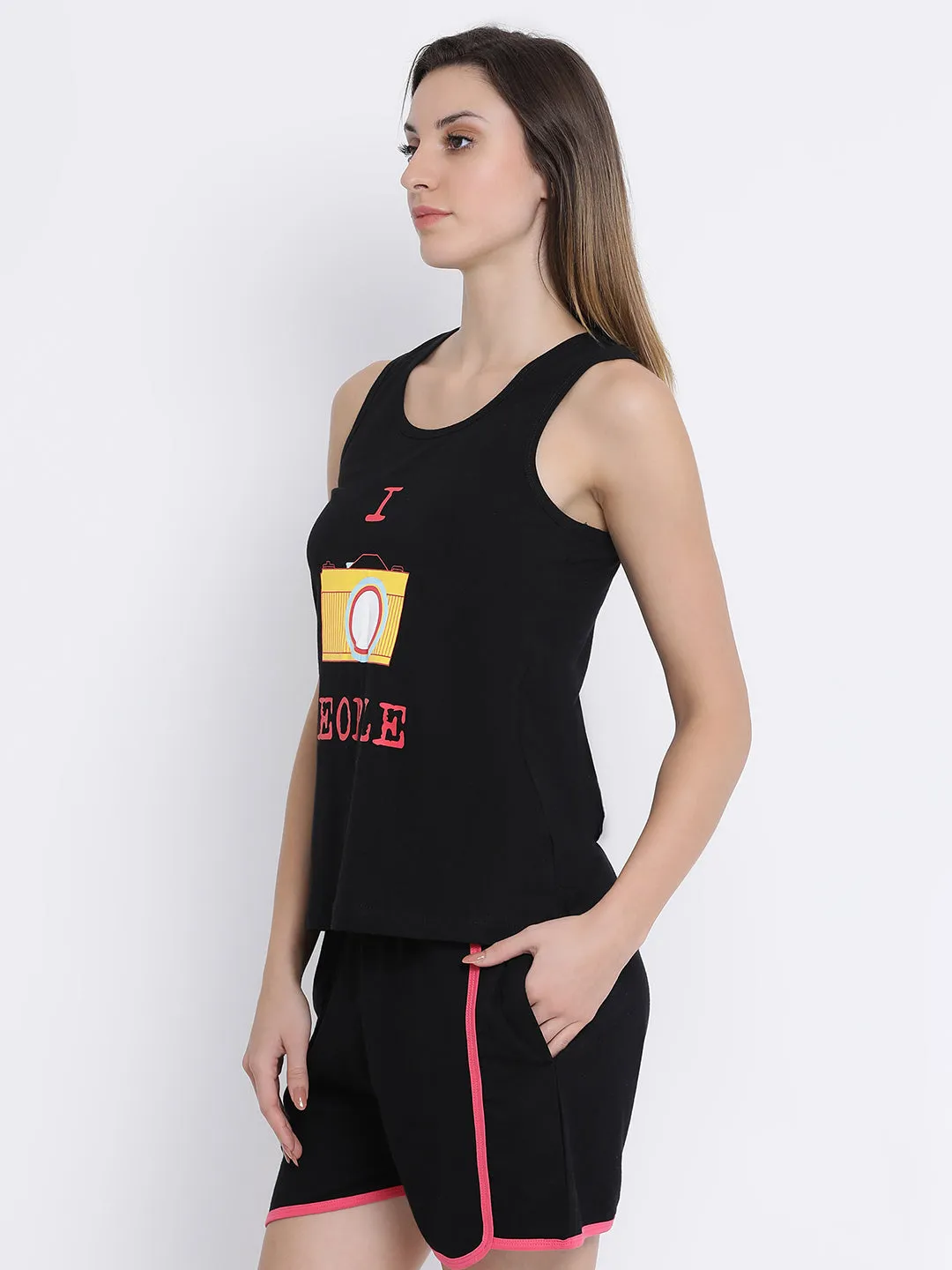 Black Poly Cotton Print Me Pretty Tank Top & Shorts Set