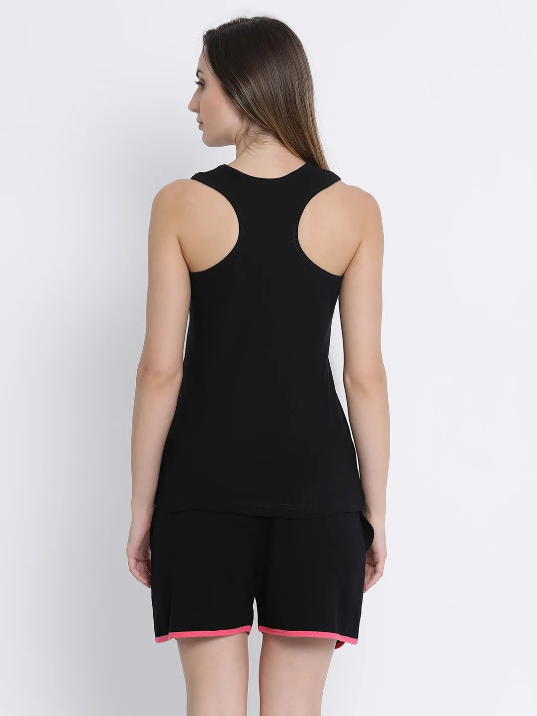 Black Poly Cotton Print Me Pretty Tank Top & Shorts Set