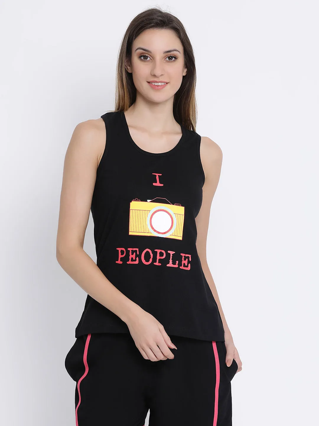 Black Poly Cotton Print Me Pretty Tank Top & Shorts Set