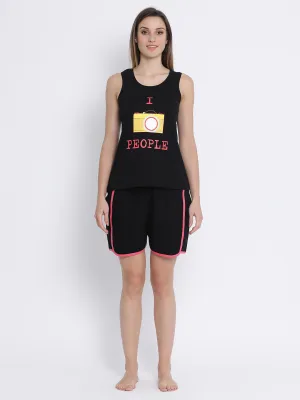 Black Poly Cotton Print Me Pretty Tank Top & Shorts Set