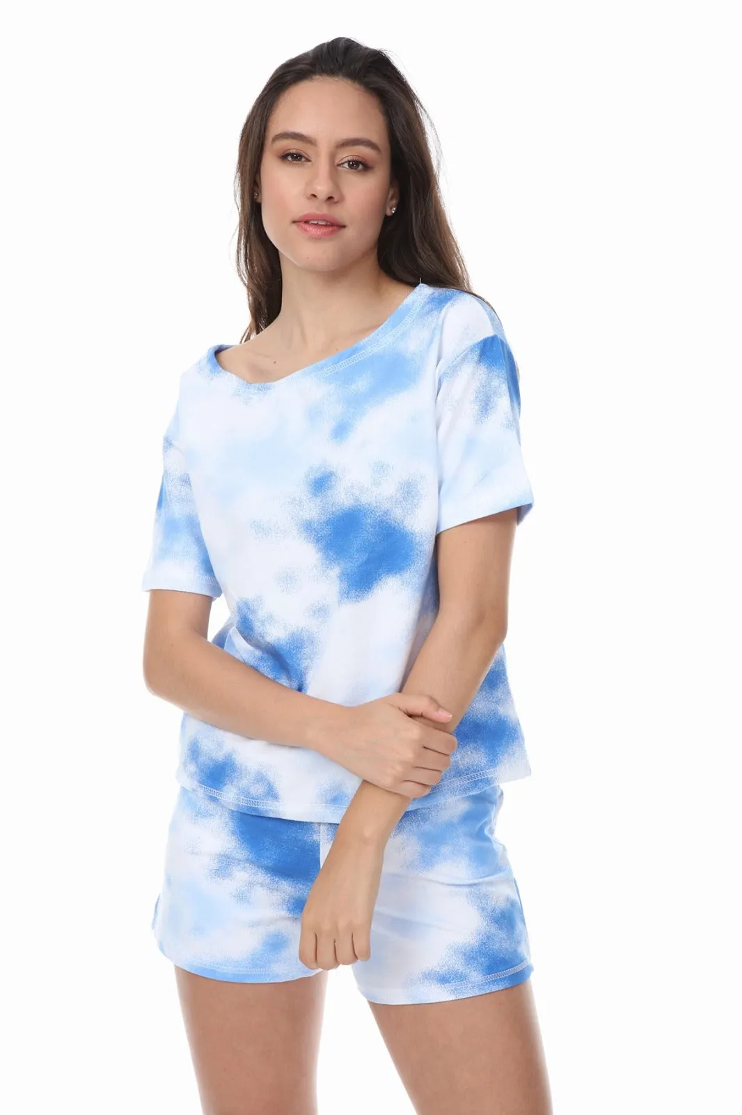 BLUE TIE DYE CASUAL T-SHIRT SHORTS MATCHING LOUNGEWEAR SET