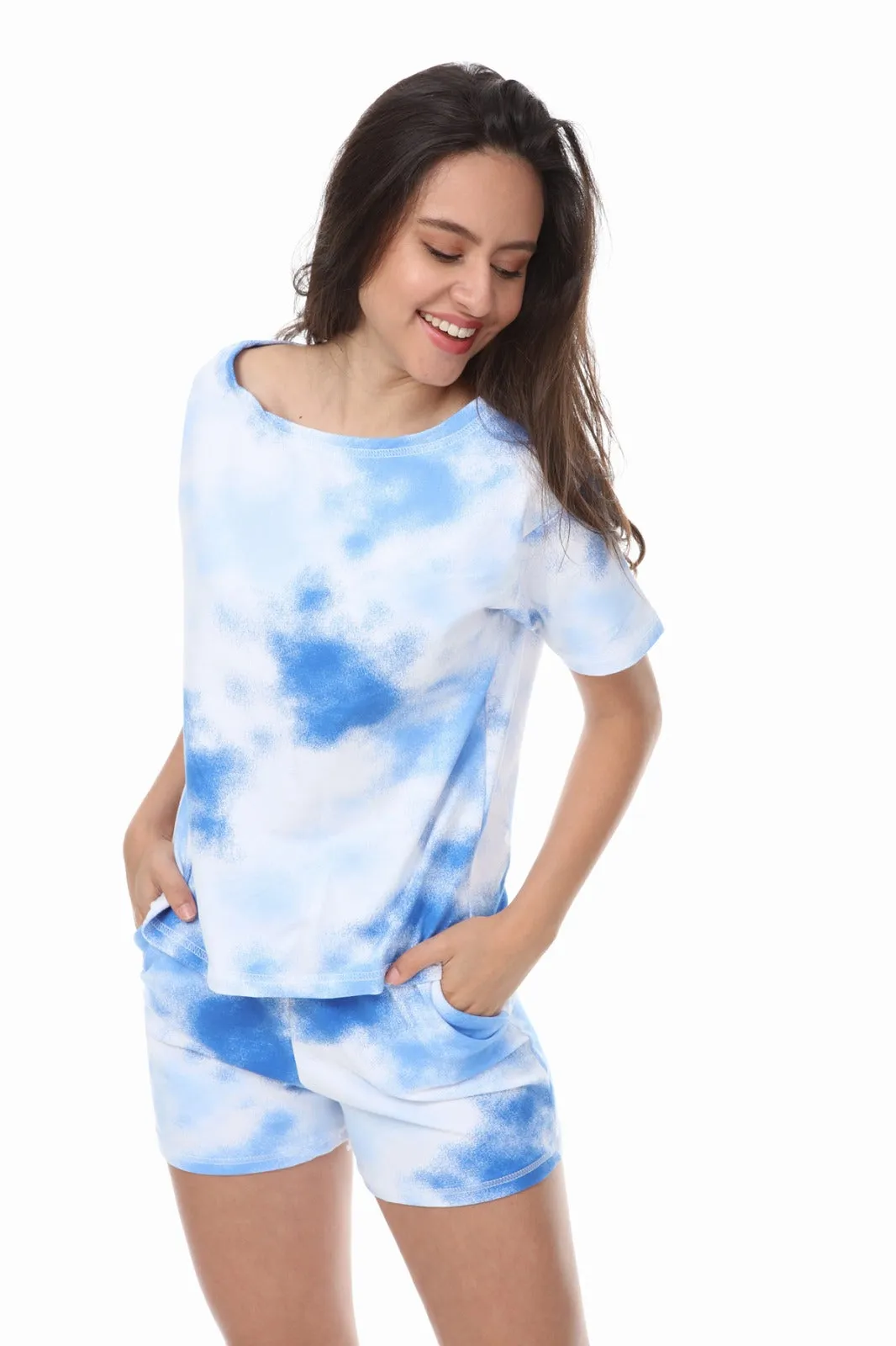 BLUE TIE DYE CASUAL T-SHIRT SHORTS MATCHING LOUNGEWEAR SET