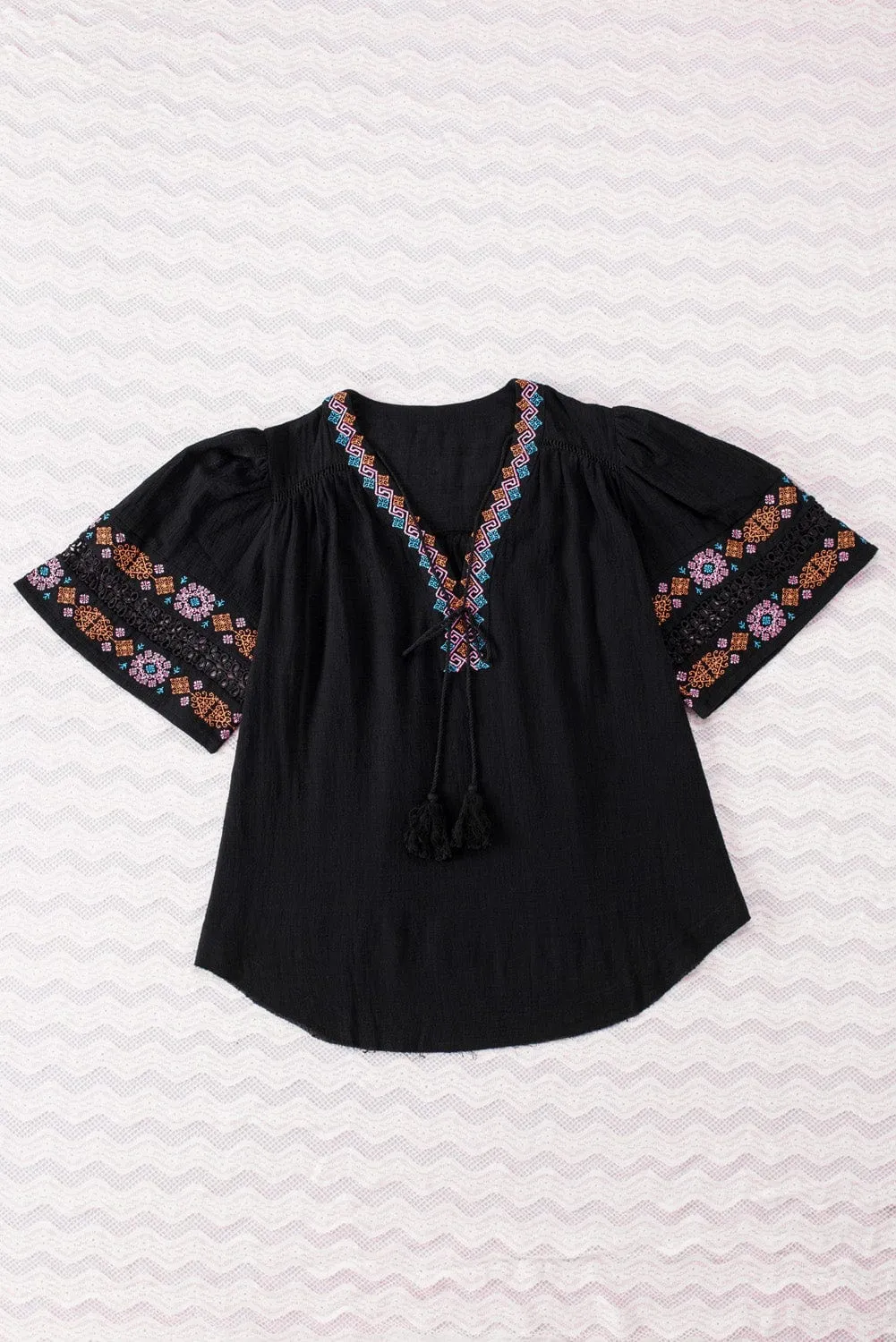 Boho Black Embroidered V Neck Top with Tassel Drawstring