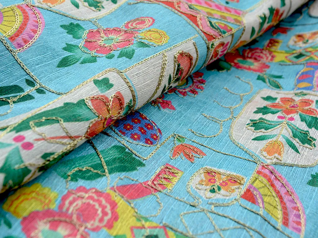 Bright Blue Traditional Digital Print Heavy Zari Embroidered Mulberry Silk Fabric
