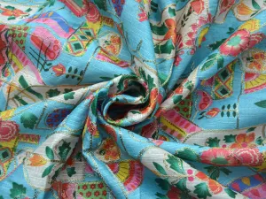 Bright Blue Traditional Digital Print Heavy Zari Embroidered Mulberry Silk Fabric