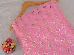 Bright Pink Abstract Thread & Sequins Embroidered Net Fabric