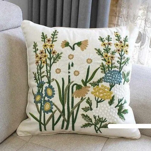 Chic European Garden Floral Embroidered Cotton Cushion Cover - Classic Home Decor Accent