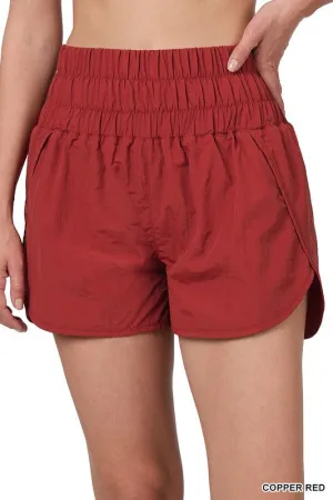 Copper Red Windbreaker Smocked Waistband Running Shorts