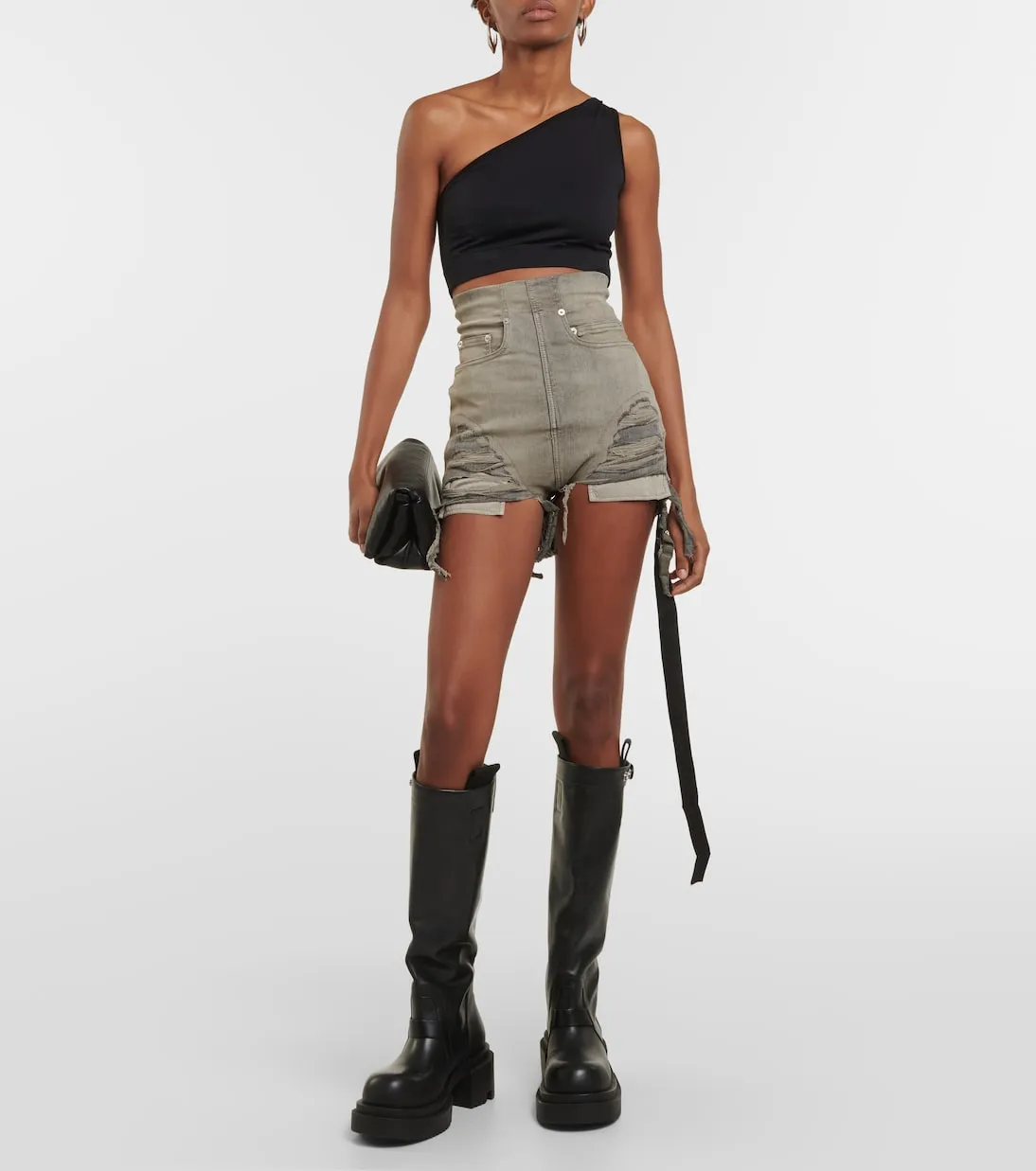 Drkshdw Rick Owens High Rise Distressed Denim Shorts, Gray