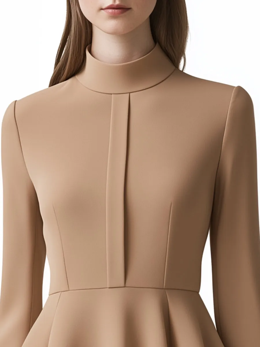 Elegant and Fashionable High-neck Khaki Long-sleeved Blouse