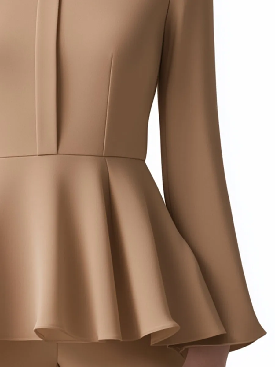 Elegant and Fashionable High-neck Khaki Long-sleeved Blouse