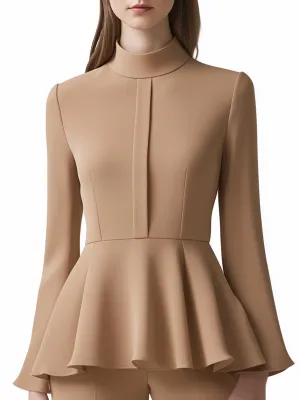 Elegant and Fashionable High-neck Khaki Long-sleeved Blouse