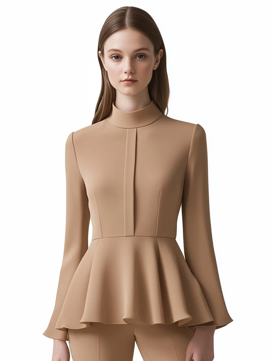 Elegant and Fashionable High-neck Khaki Long-sleeved Blouse