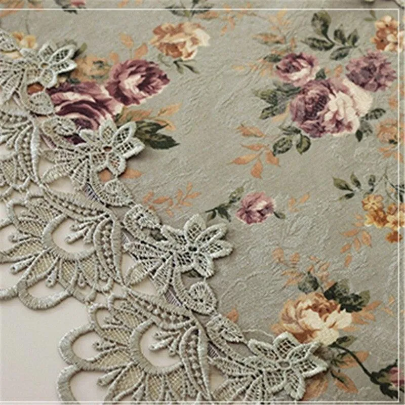 Elegant Embroidered Lace Crochet Table Runner Set with Rustic Floral Design