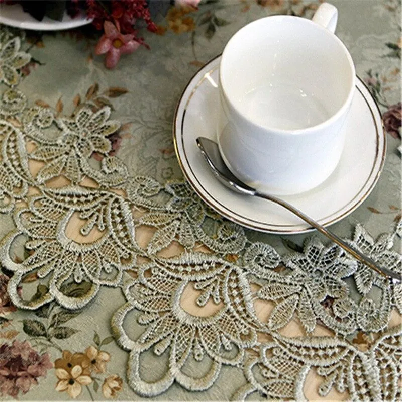 Elegant Embroidered Lace Crochet Table Runner Set with Rustic Floral Design