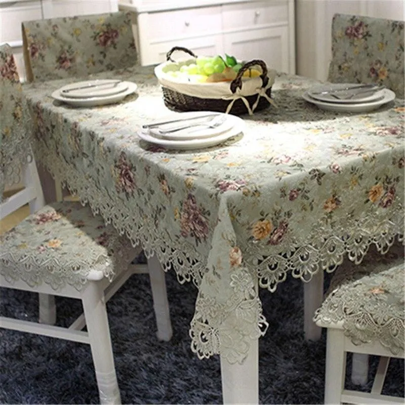 Elegant Embroidered Lace Crochet Table Runner Set with Rustic Floral Design