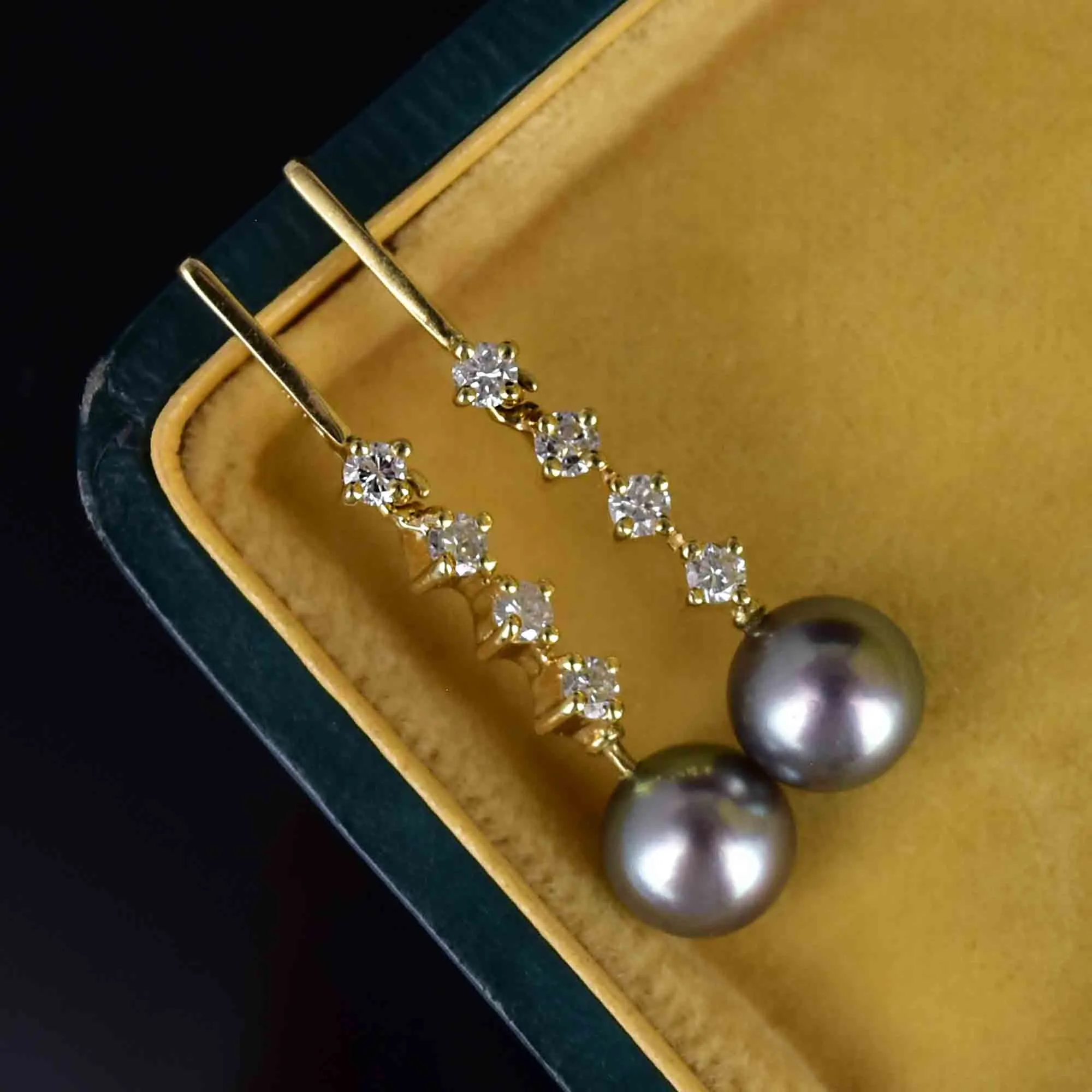 Fine 14K Gold Diamond Gray Pearl Dangle Earrings