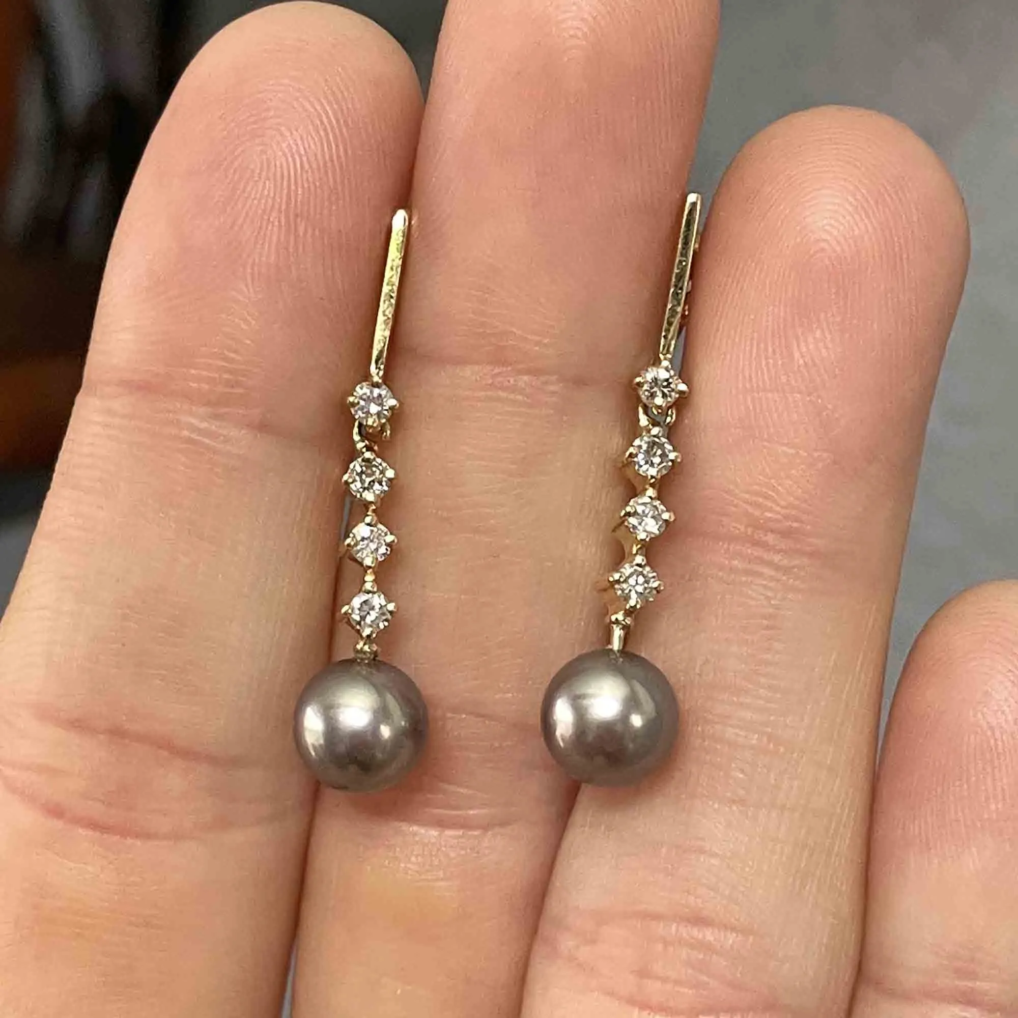 Fine 14K Gold Diamond Gray Pearl Dangle Earrings