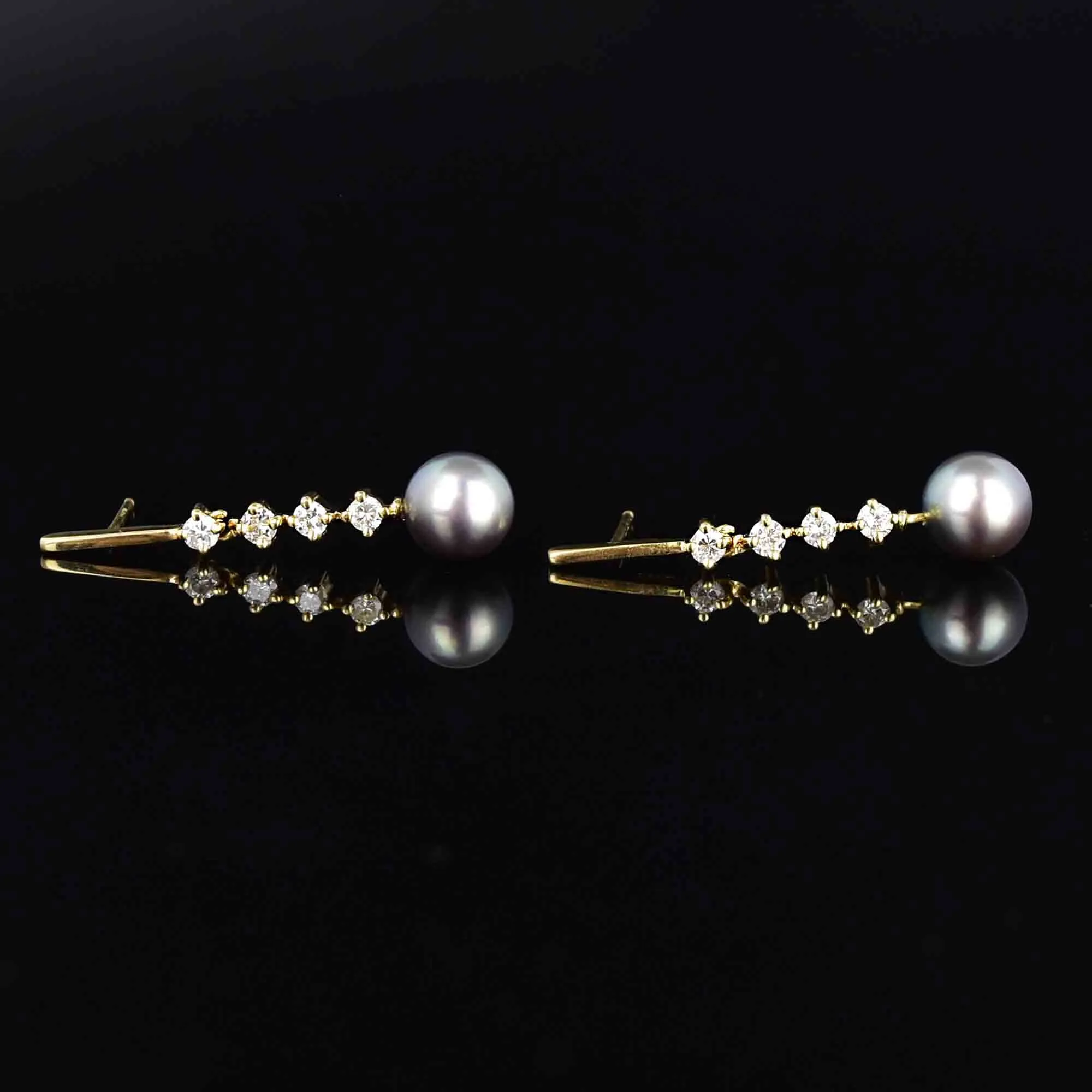 Fine 14K Gold Diamond Gray Pearl Dangle Earrings