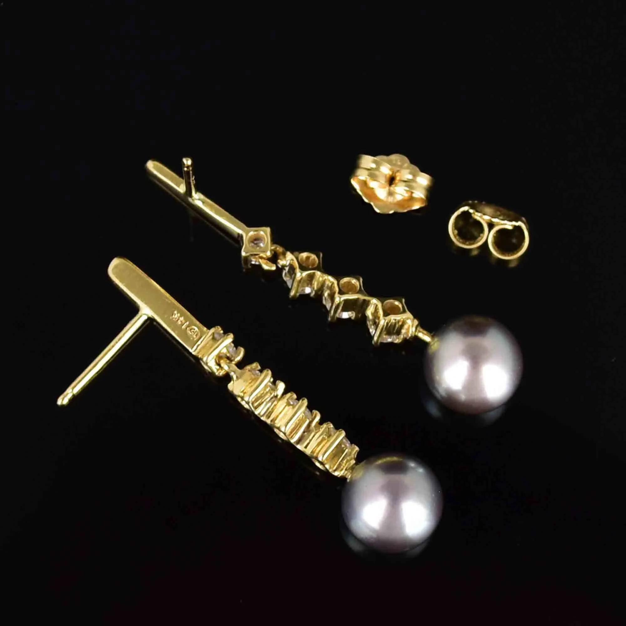 Fine 14K Gold Diamond Gray Pearl Dangle Earrings