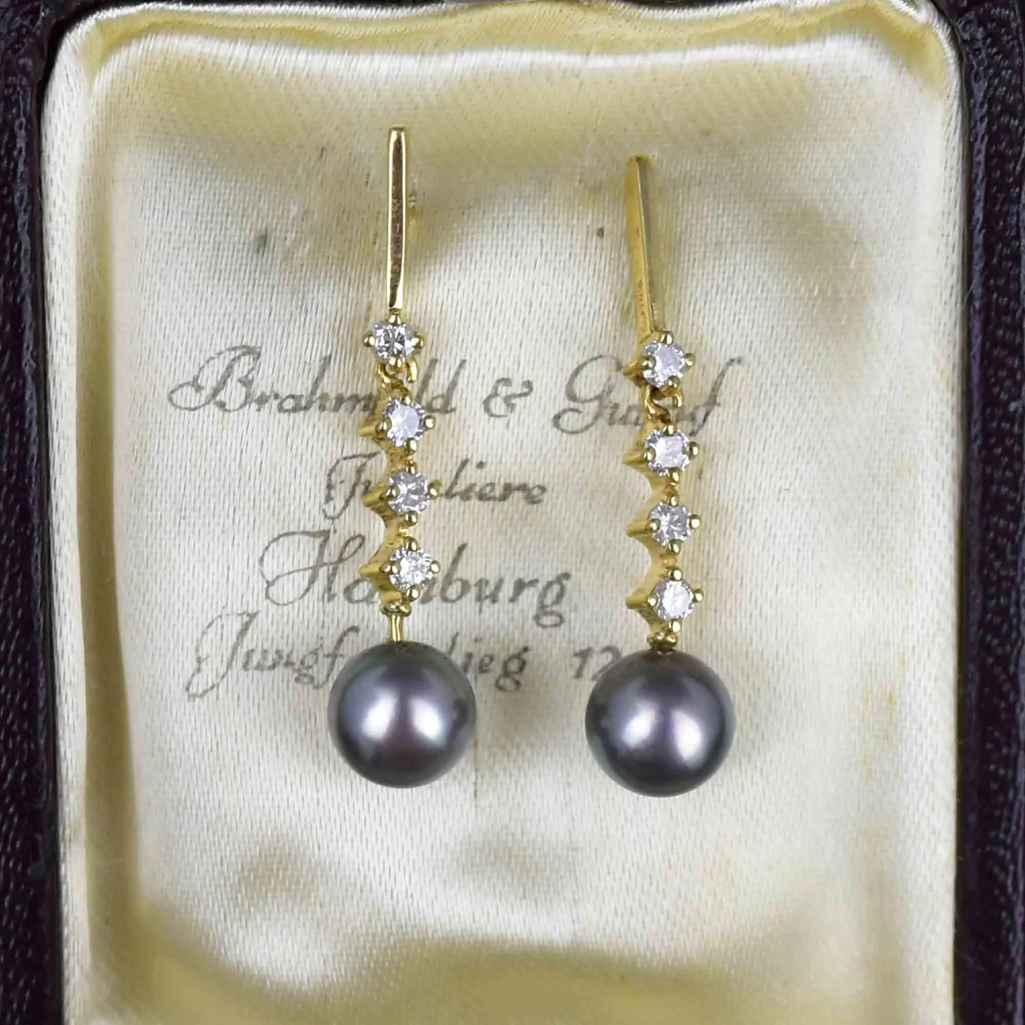 Fine 14K Gold Diamond Gray Pearl Dangle Earrings