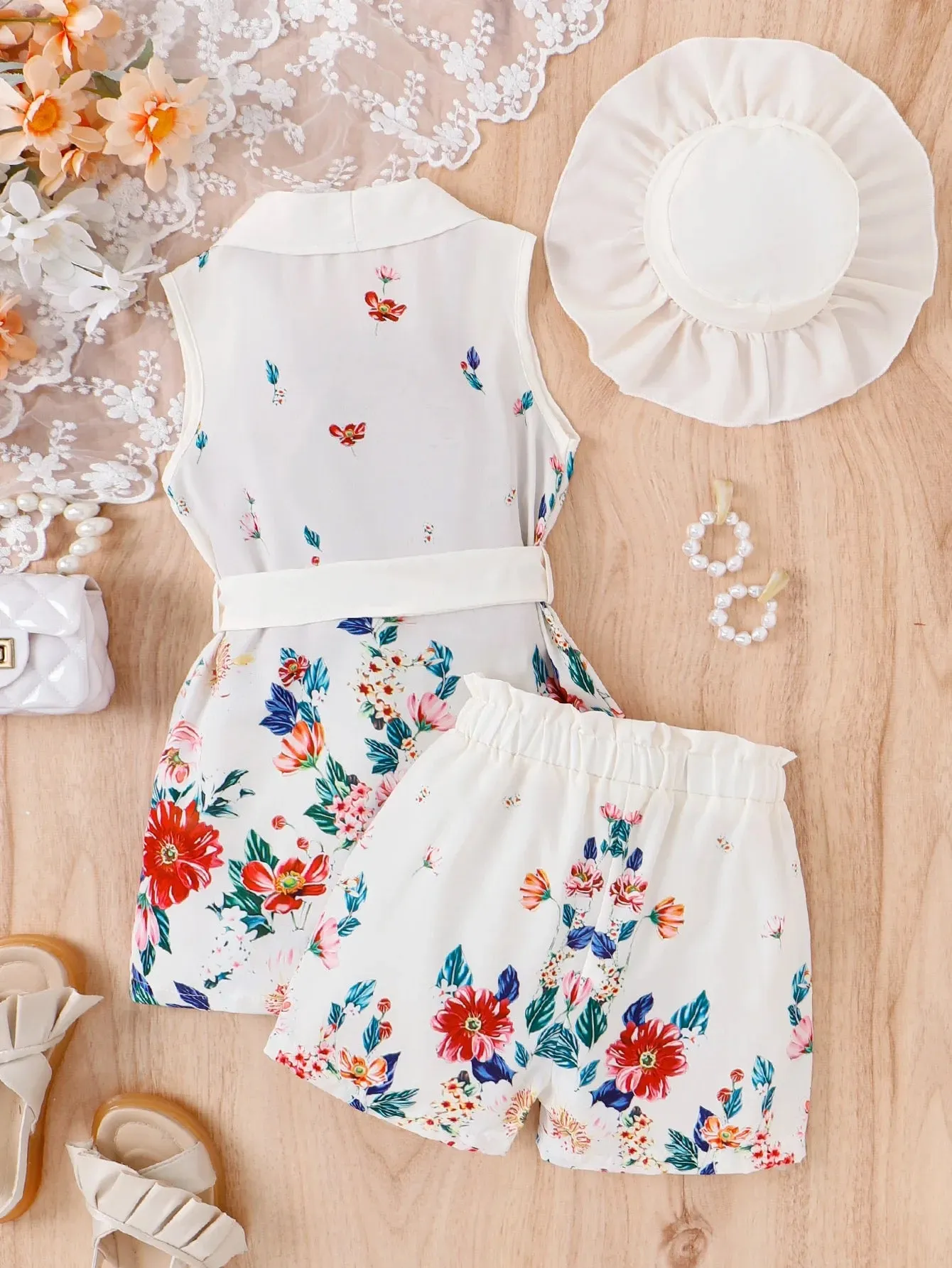 Girls White Floral Printed 4 Pcs Set