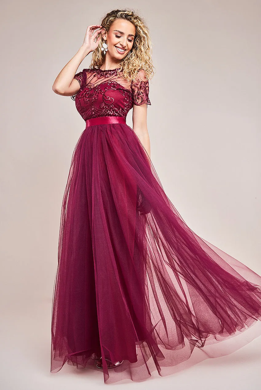Goddiva Ornate Embroidered Bodice Mesh Maxi Dress