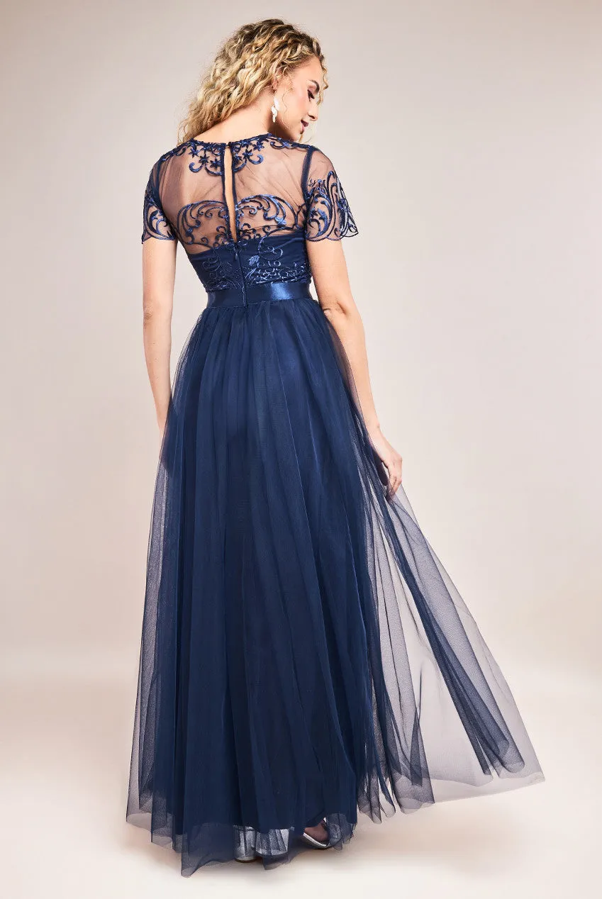 Goddiva Ornate Embroidered Bodice Mesh Maxi Dress