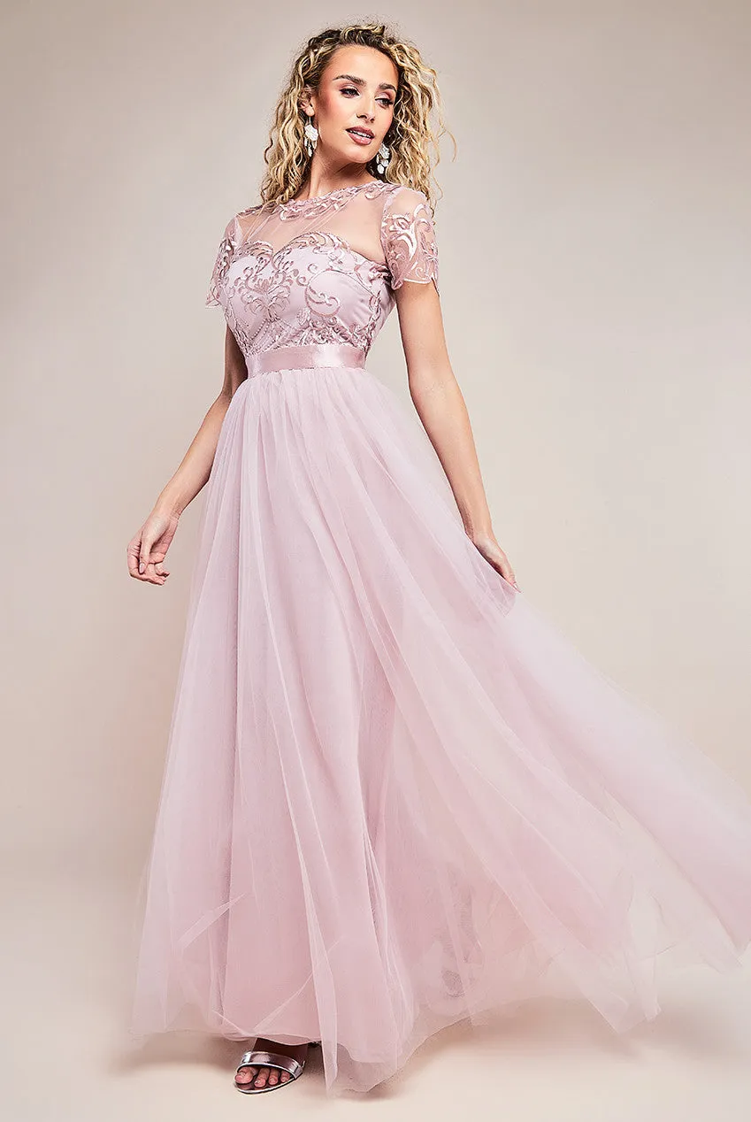 Goddiva Ornate Embroidered Bodice Mesh Maxi Dress