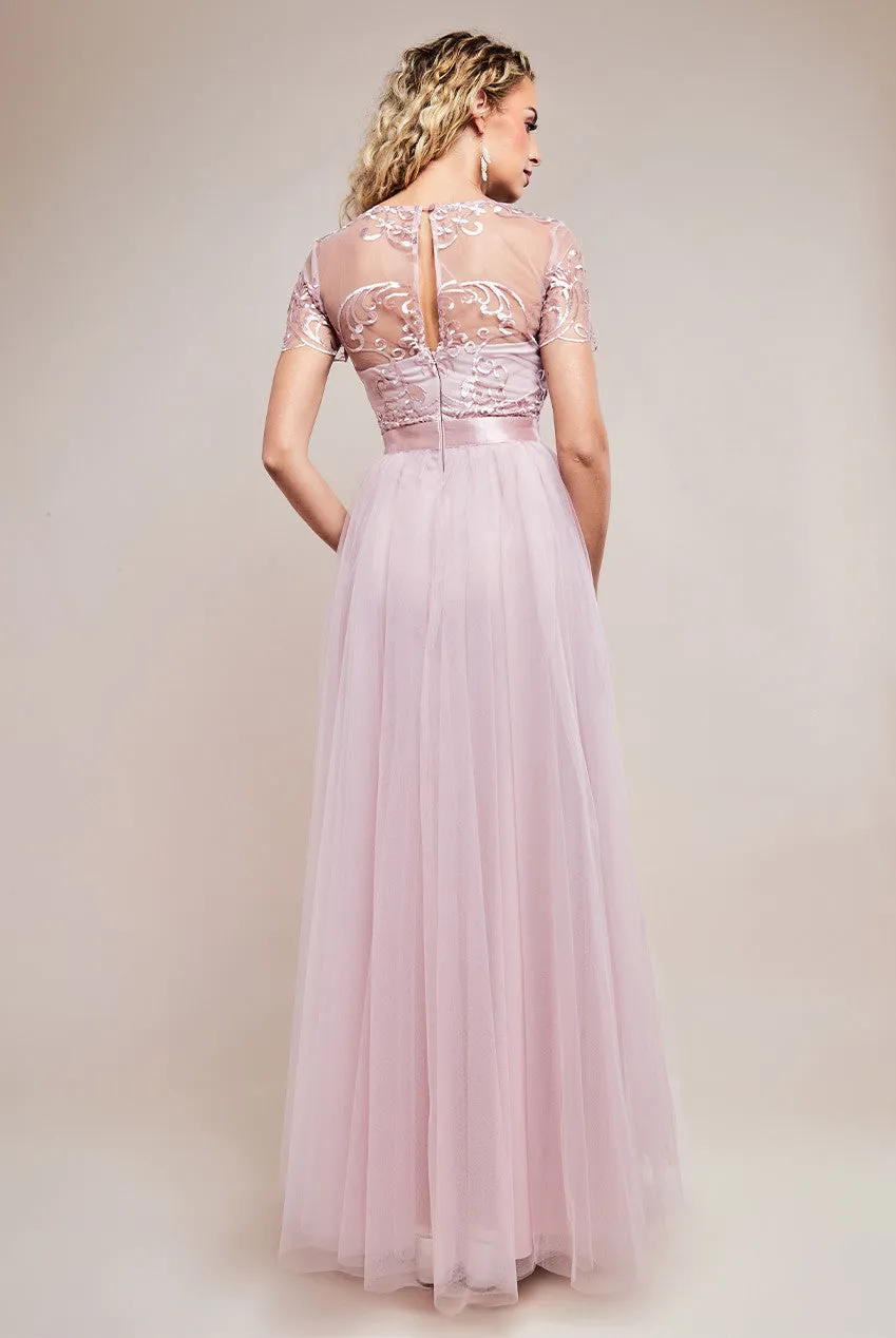 Goddiva Ornate Embroidered Bodice Mesh Maxi Dress