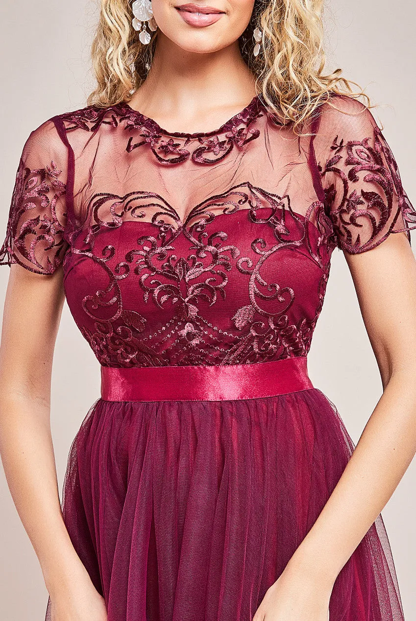 Goddiva Ornate Embroidered Bodice Mesh Maxi Dress