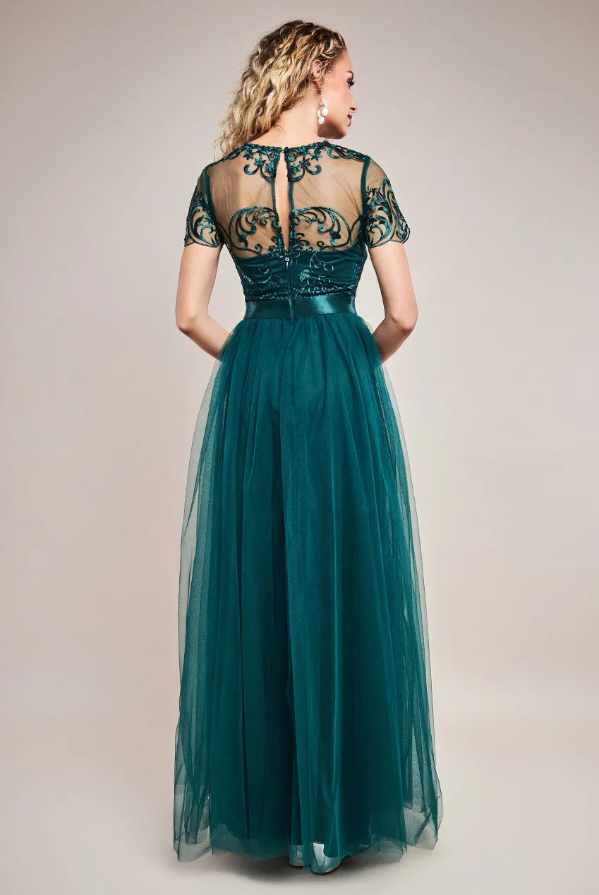 Goddiva Ornate Embroidered Bodice Mesh Maxi Dress
