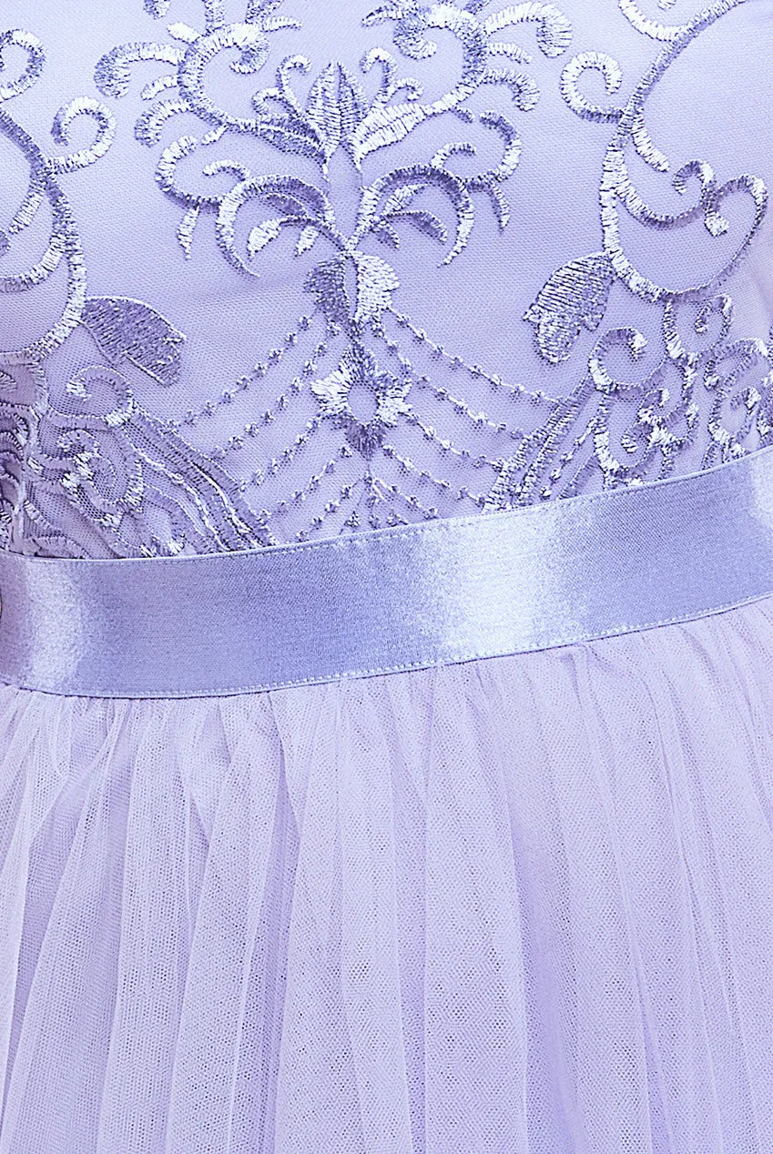 Goddiva Ornate Embroidered Bodice Mesh Maxi Dress
