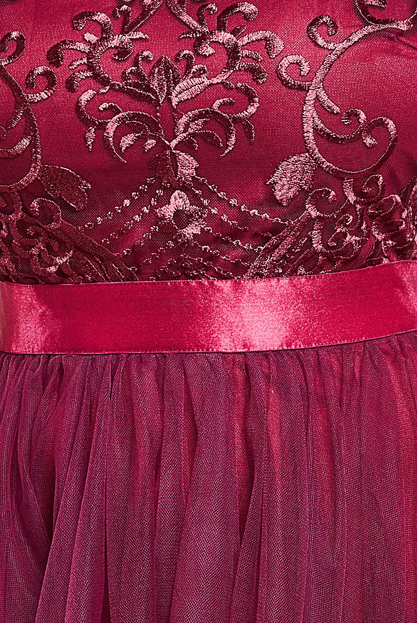 Goddiva Ornate Embroidered Bodice Mesh Maxi Dress
