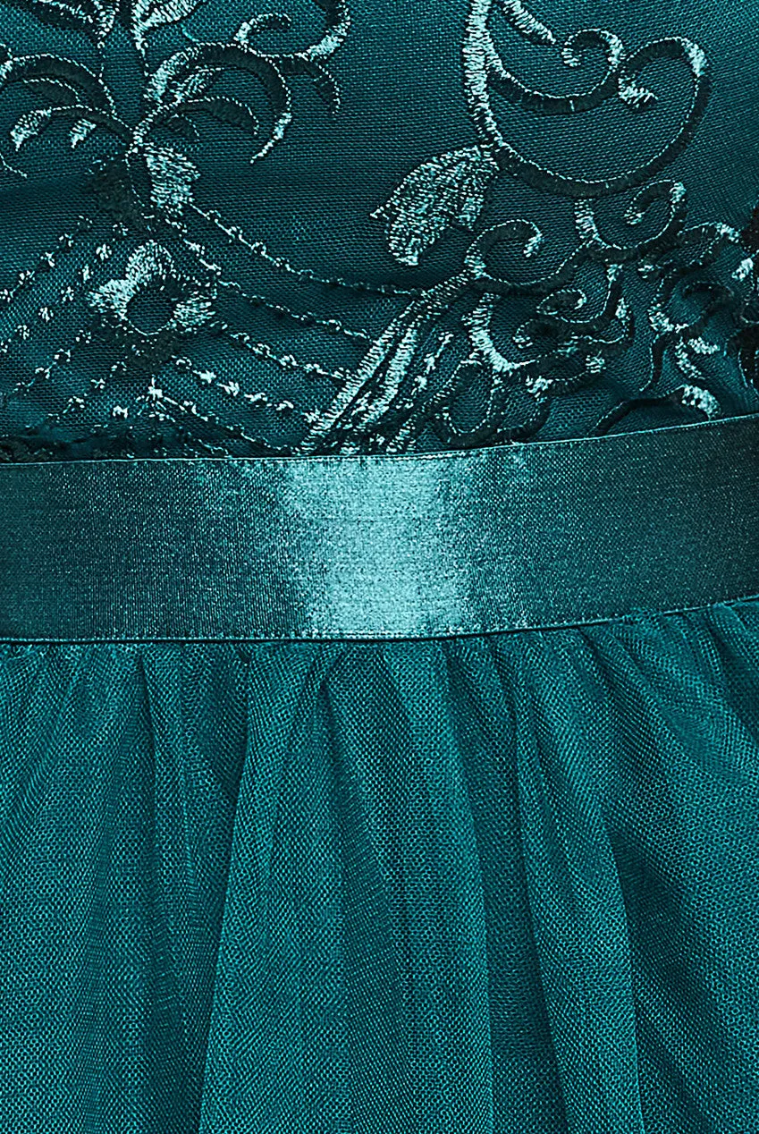 Goddiva Ornate Embroidered Bodice Mesh Maxi Dress