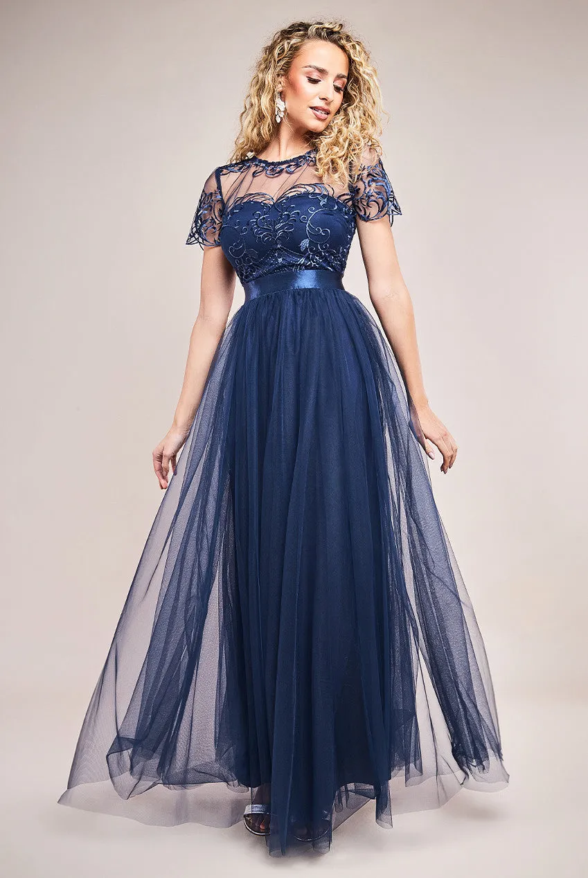 Goddiva Ornate Embroidered Bodice Mesh Maxi Dress