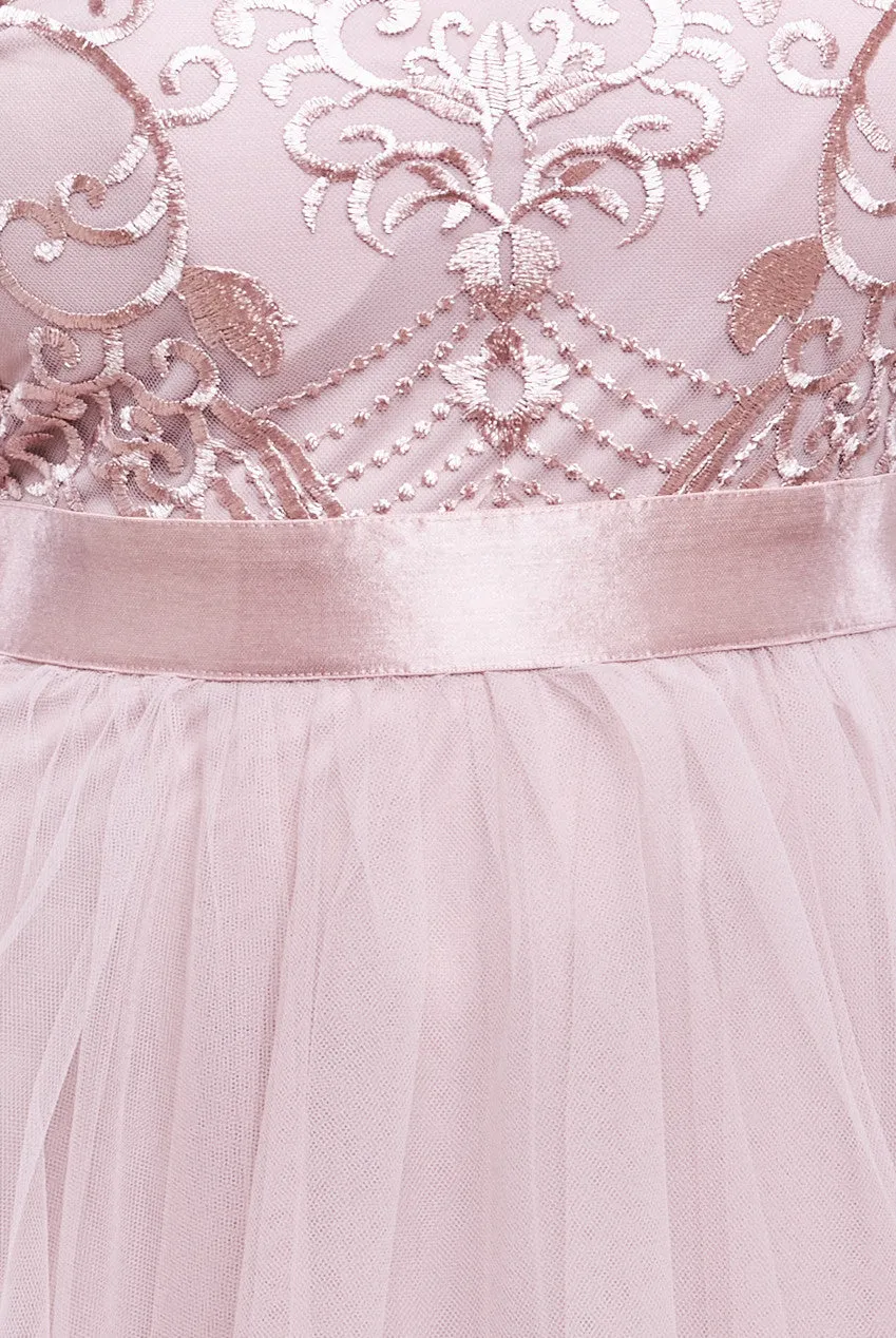 Goddiva Ornate Embroidered Bodice Mesh Maxi Dress
