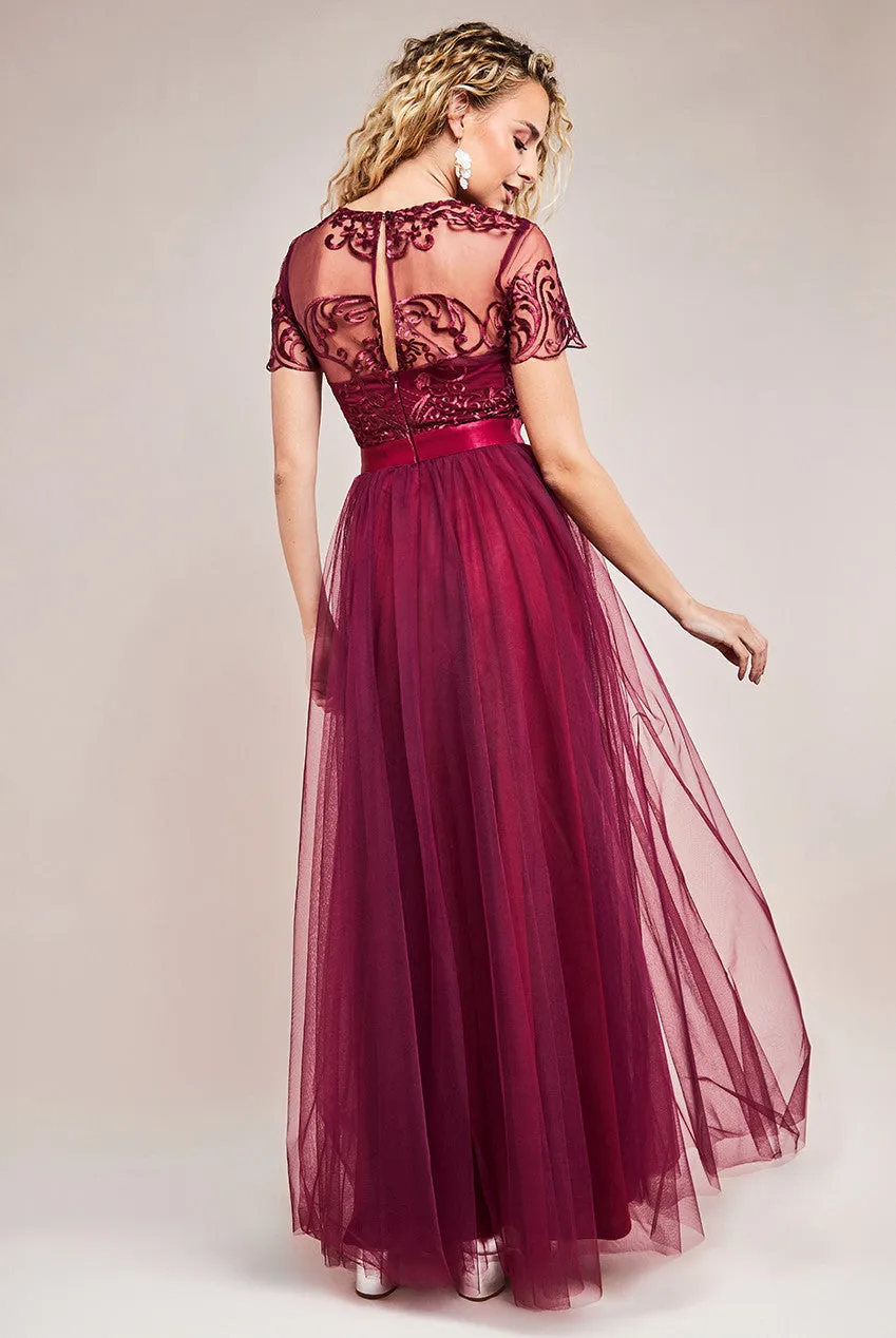 Goddiva Ornate Embroidered Bodice Mesh Maxi Dress