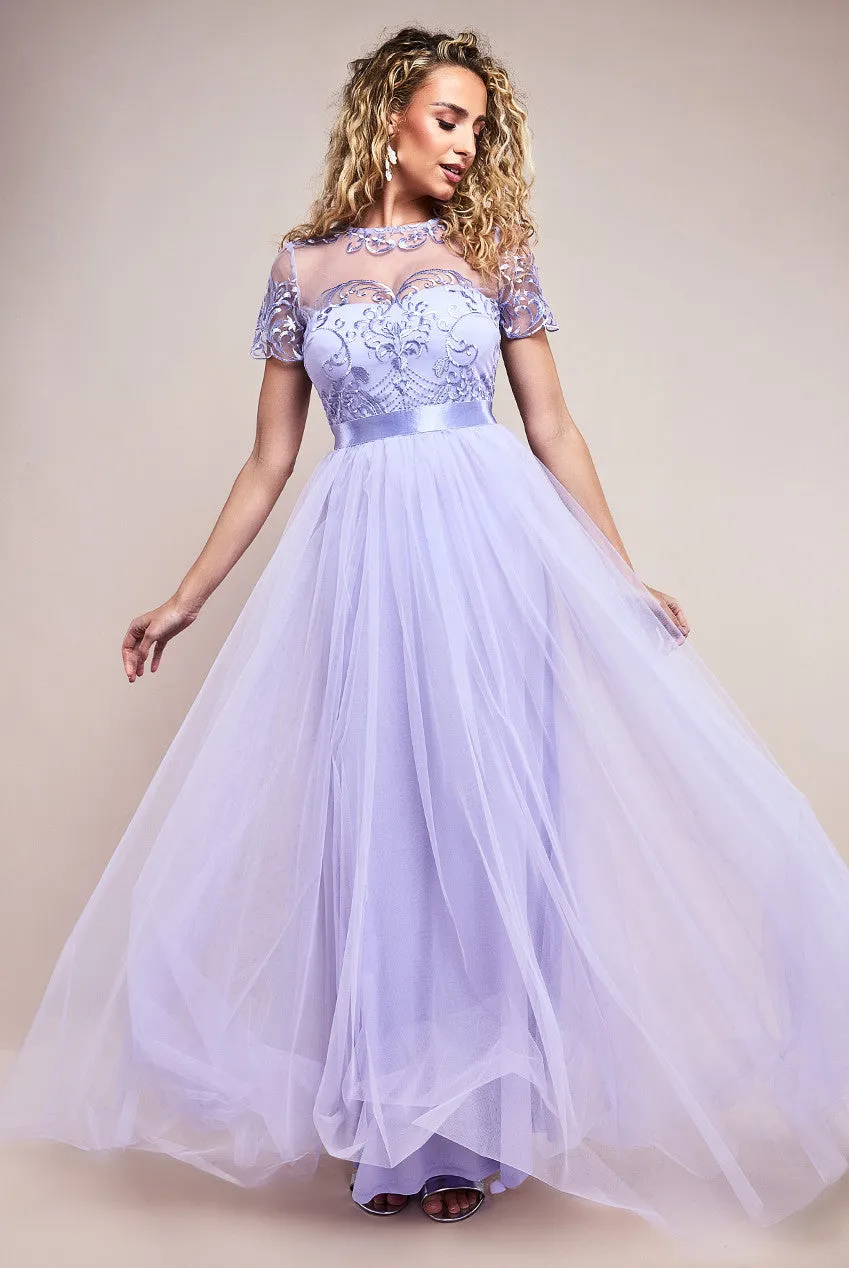 Goddiva Ornate Embroidered Bodice Mesh Maxi Dress