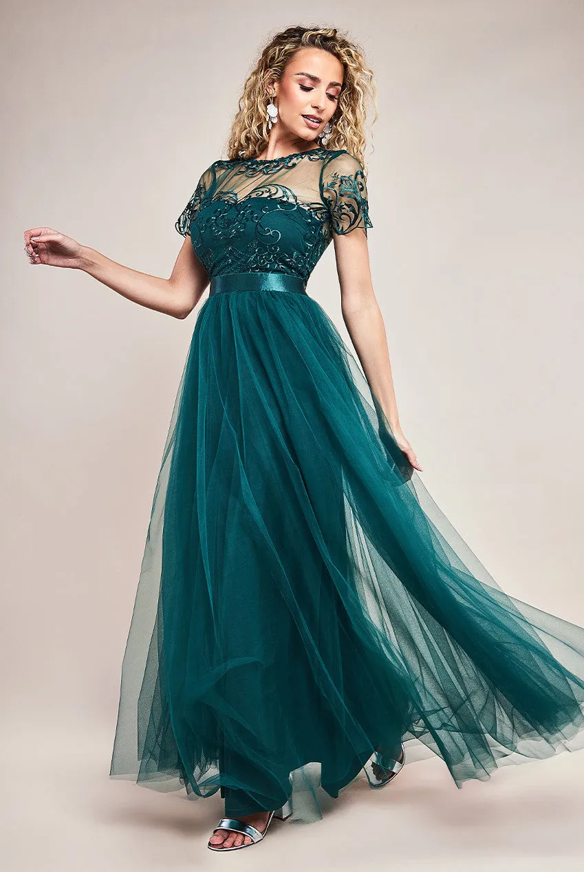 Goddiva Ornate Embroidered Bodice Mesh Maxi Dress