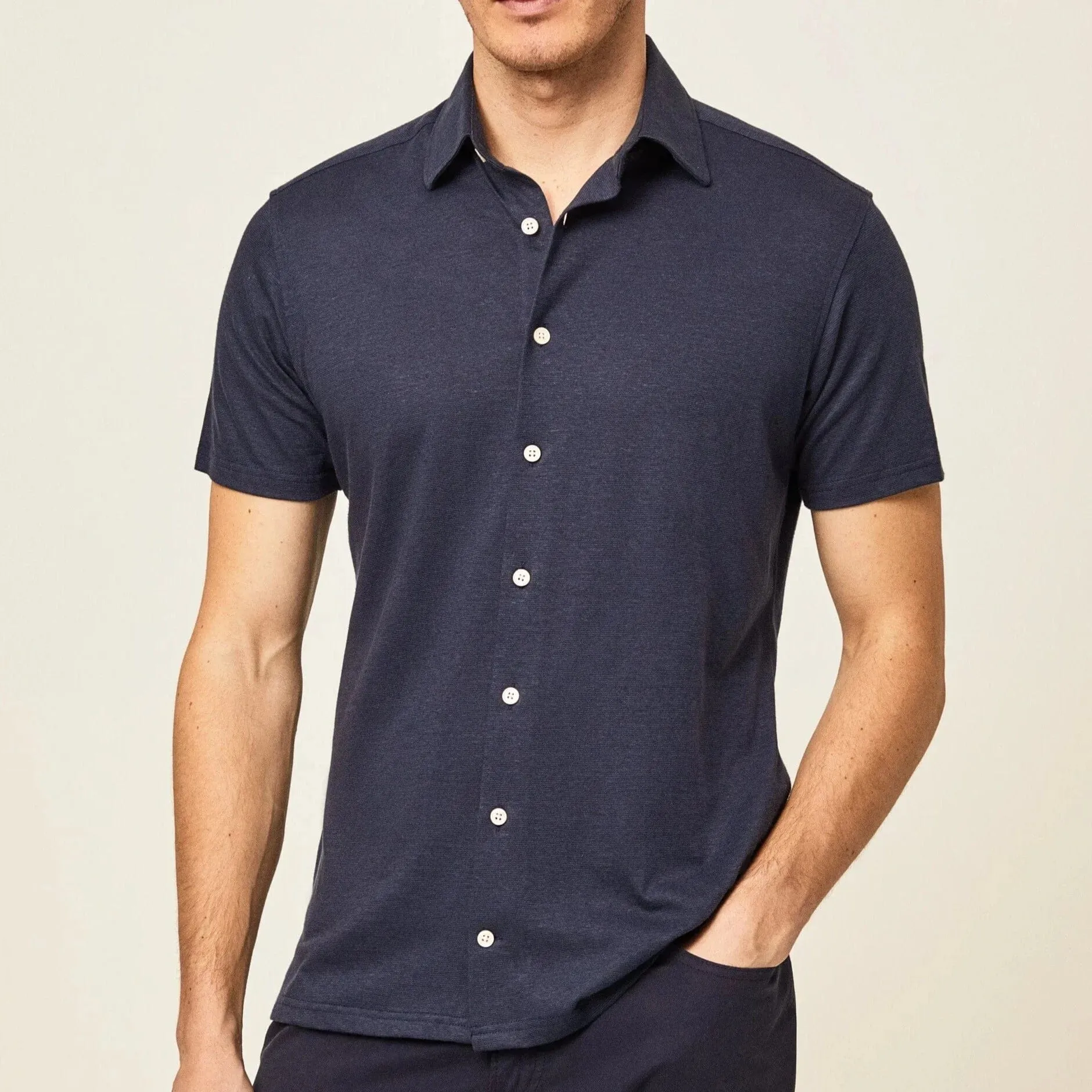 Hackett Cotton Linen Short Sleeved Shirt Navy