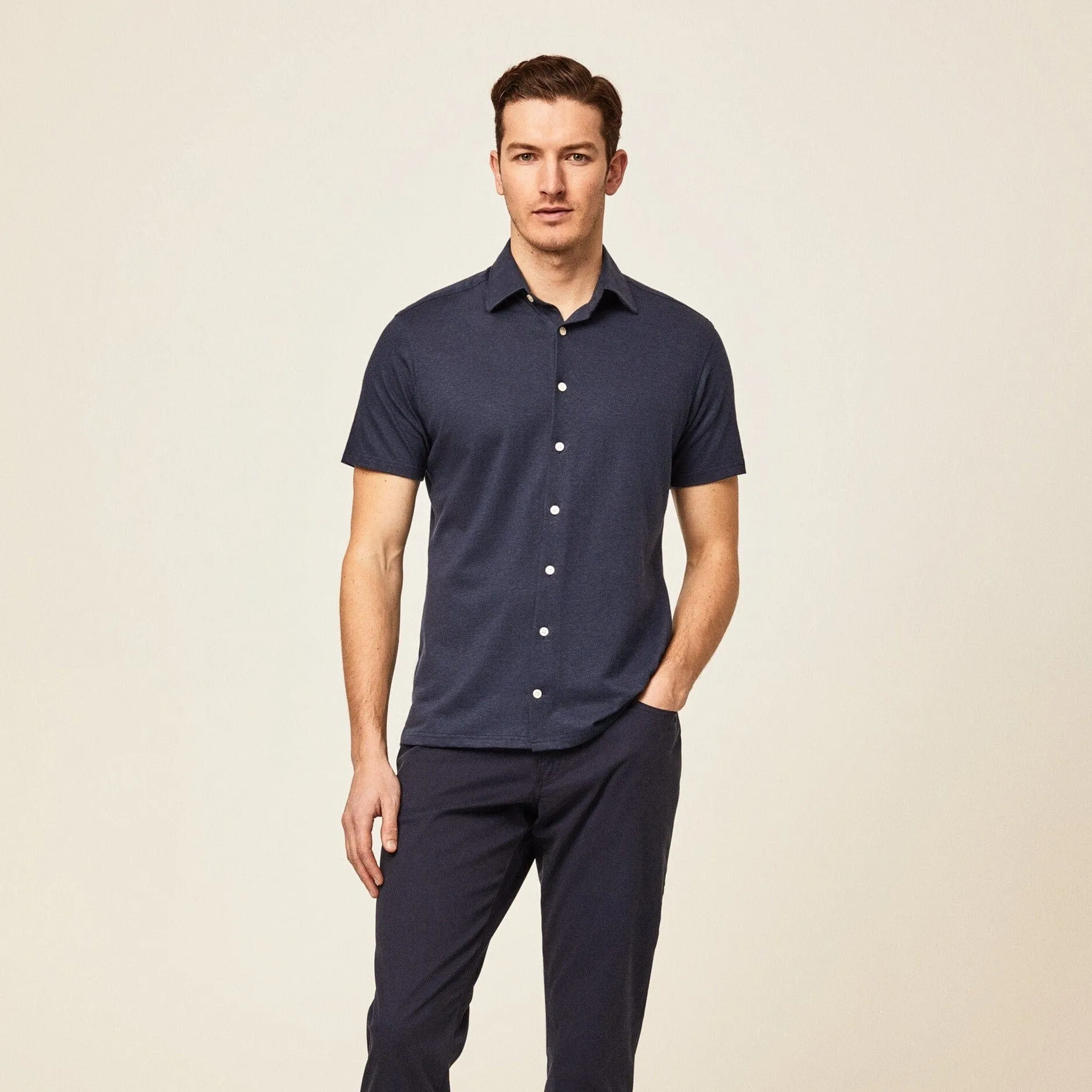 Hackett Cotton Linen Short Sleeved Shirt Navy