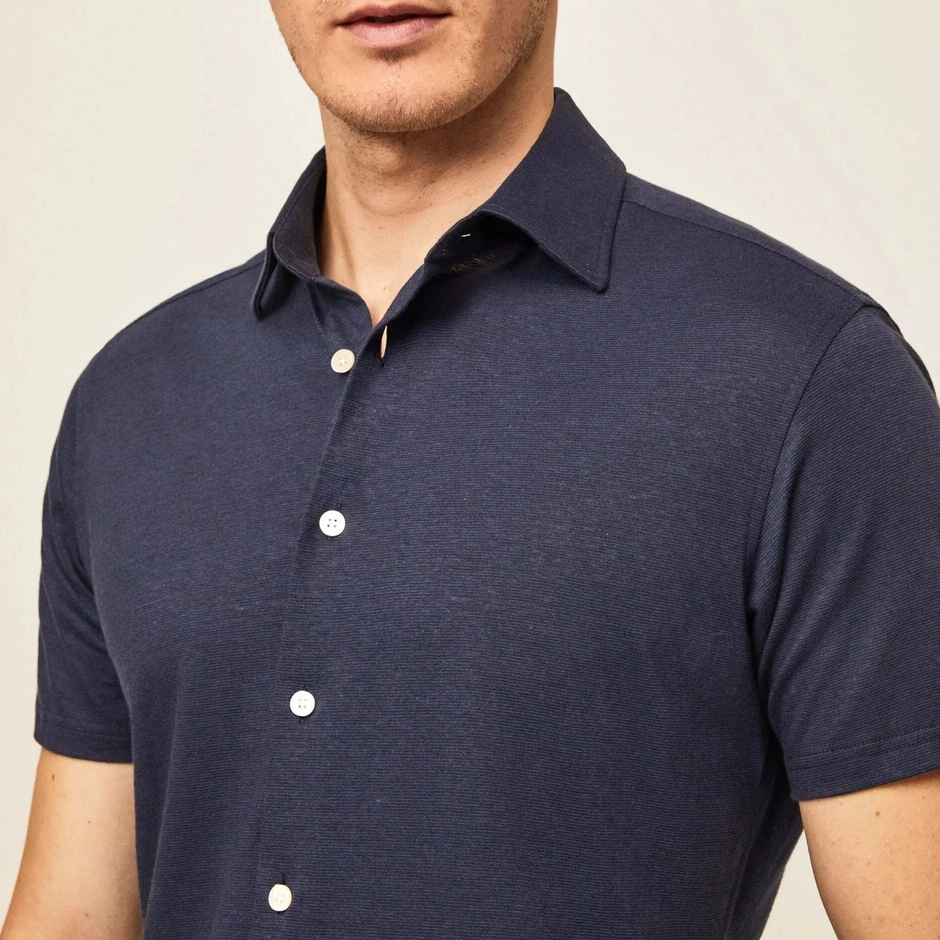 Hackett Cotton Linen Short Sleeved Shirt Navy